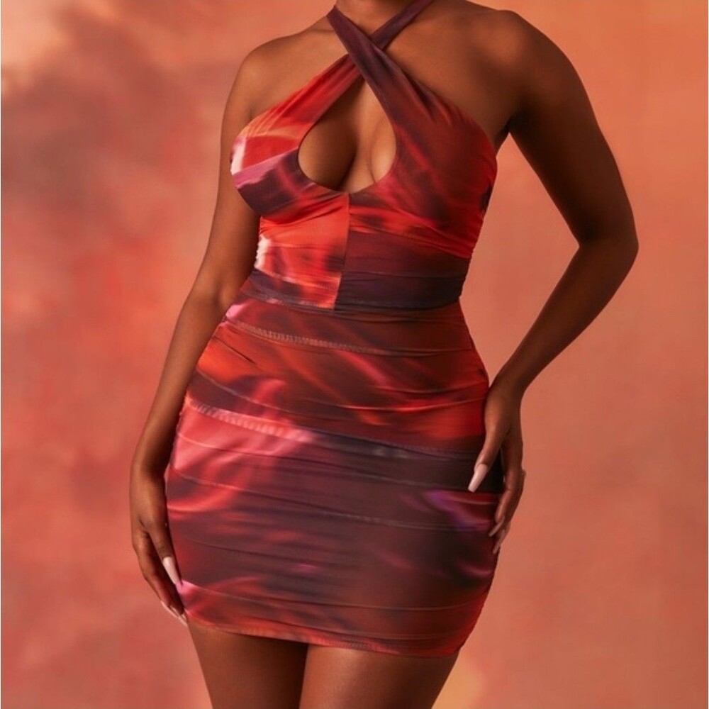 Oh Polly Out Of This World Red Orange Ombré Ruched Bodycon Mini Dress Size 10